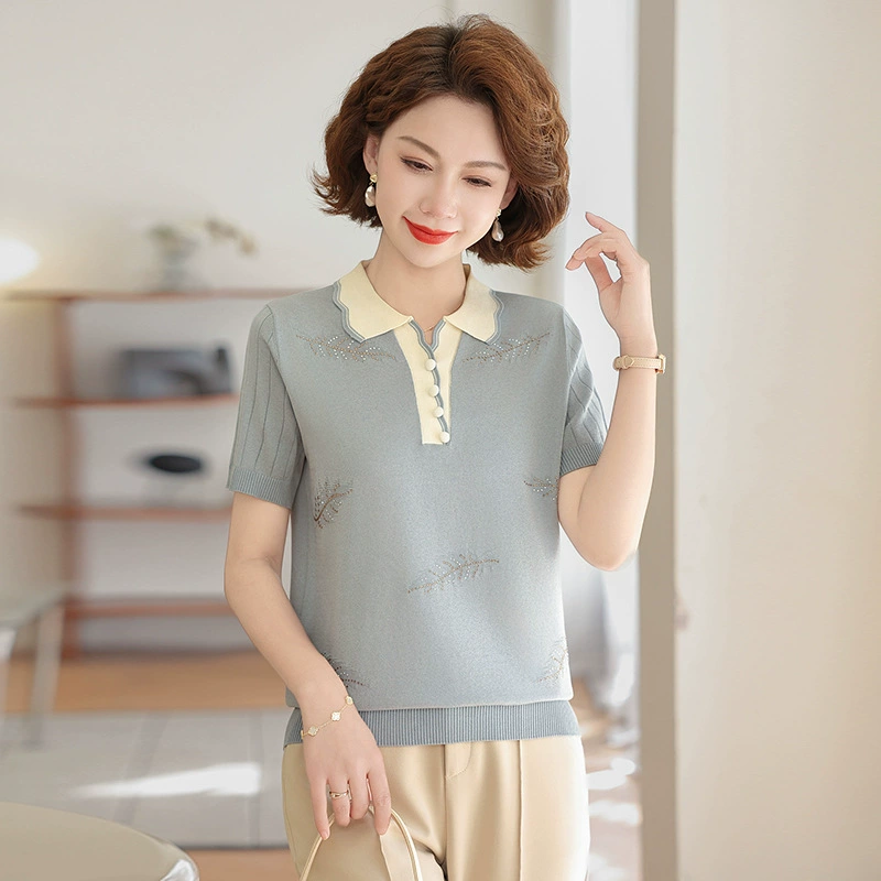 Мама летняя трикотажная рубашка с короткими рукавами топ среднего возраста тонкая футболка среднего возраста женская летняя рубашка с отворотом