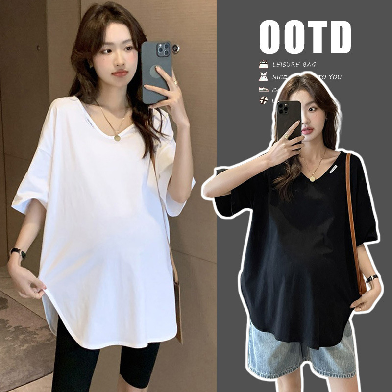 Simple Fashion Pregnant Women Summer New Solid Color V-neck Short-sleeved T-shirt Pregnant Mom Mid-length Top Loose Base Shirt Women