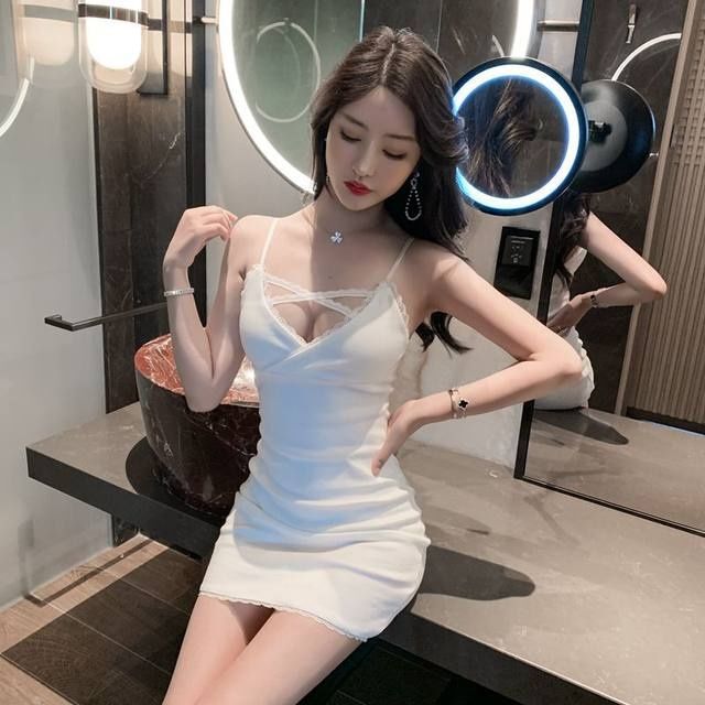 Lace Cross Low-Cut Sexy Nightclub Technician Bathhouse Workwear Slim-Fit Bodycon Strap Dress for Summer