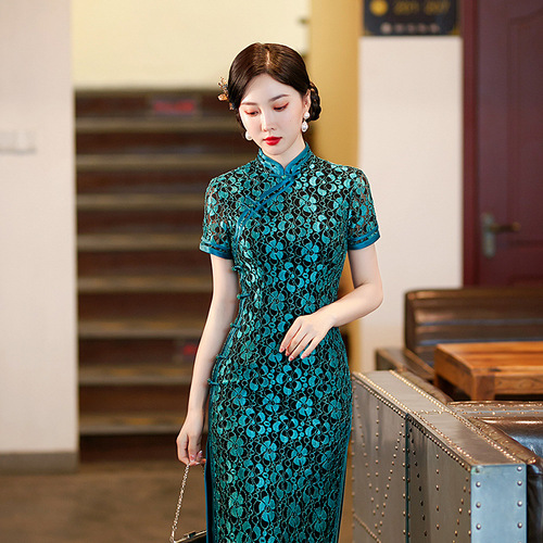 Retro Chinese Dress oriental Cheongsam for women ms green sexy Chinese dress lace collar evening dress with short sleeves outfit hollow out process