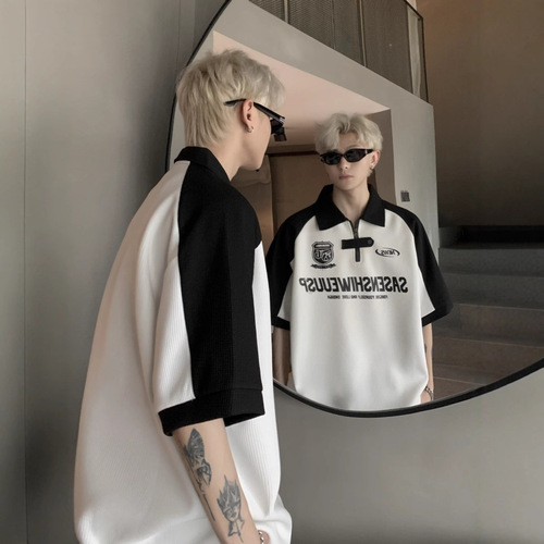 Polo Shirt Men's Summer T-Shirt with Rugged Style, Trendy Design, American Checker Pattern, Half-Zip Top