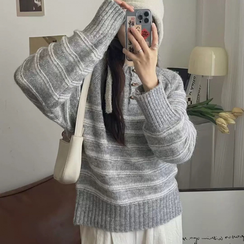 2025 transfronterizo coreano relajado suéter a rayas casual mujeres otoño y invierno temperamento retro manga larga chaqueta de punto