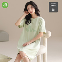 春夏亚马逊外贸女士家居服睡裙纯棉夏季带胸垫圆领短袖居家睡衣女
