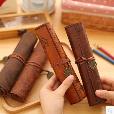 Retro roll-up pencil case, capacious cute design with built-in sharpener, brown tones