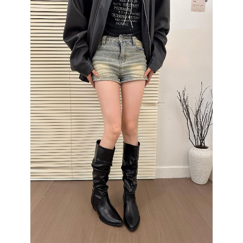 北岛千金！韩版三穿尖头内增高堆堆靴女秋冬褶皱平底长靴|undefined