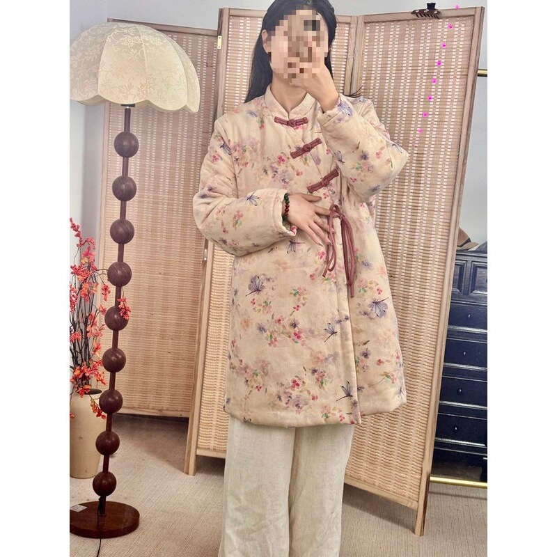 New Chinese-Style Handmade Buttoned National Style Zen-Inspired Warm Robe, Winter Thickened Mid-Length Cotton Coat for Women, New Product