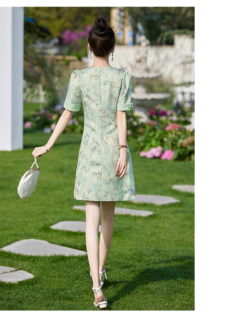 Váy sườn xám cải tiến phong cách Trung Quốc mới, thiết kế chữ A thanh lịch, mùa hè — Màu hồng, Màu xanh lá chi tiết 12