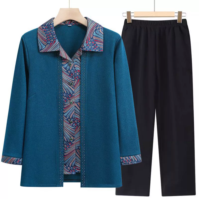 Бабушка одежда весна и осень набор поддельные два трикотажа кардиган с длинными рукавами мама новая одежда 70 пожилой топ