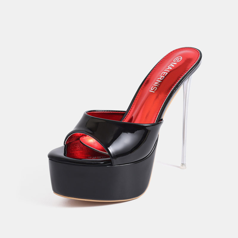 Dép sandal nữ quai ngang gót siêu cao 9 cm, đế platform 4 cm, hở mũi, chống thấm nước — Màu be, màu đen