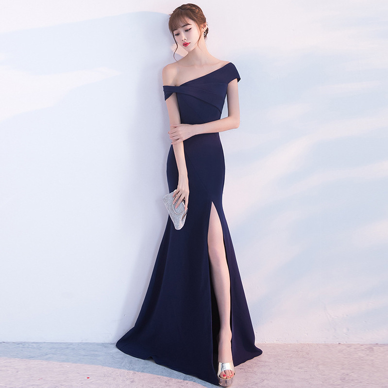 0715 # 6-Color Off-Shoulder Bridal Toast Dress Korean Fashion Long Sexy Mermaid Evening Gown for Women in Red Slim Fit
