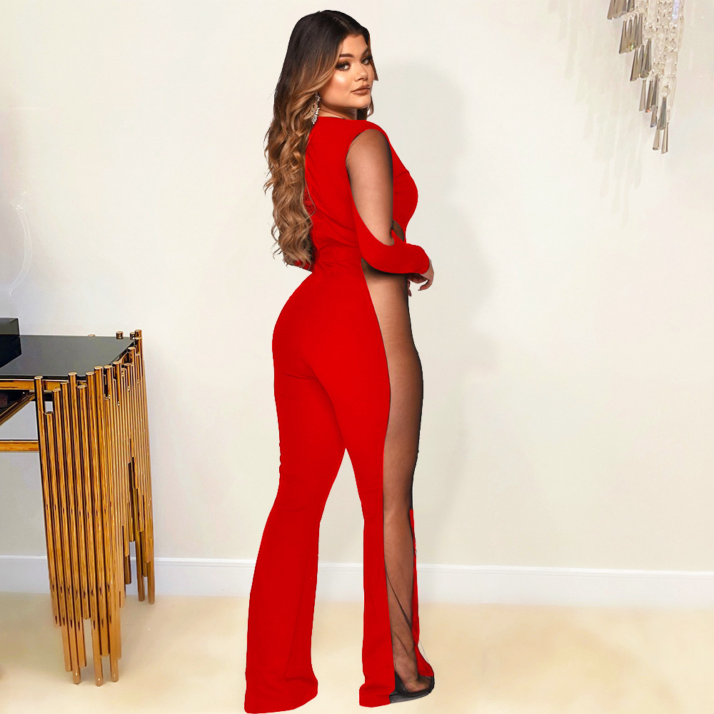 Mamelucos de retazos de malla sexy a la moda para mujer, pantalones acampanados_voghion.com