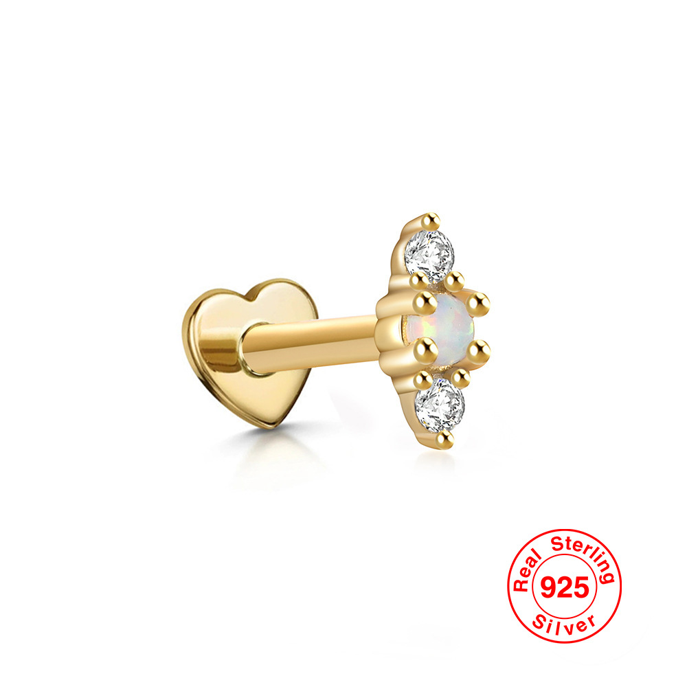 S925 plata esterlina ópalo diamante incrustado en forma de corazón hilo piercing oído hueso Stud Europea y Americana Venta caliente de alta calidad pendientes