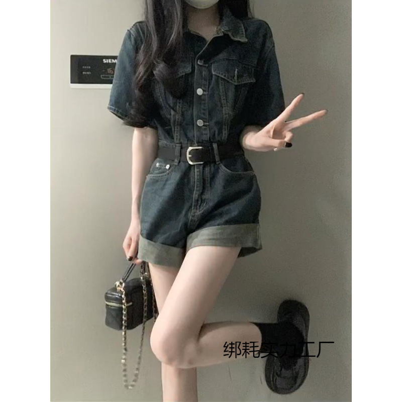 2025年牛仔连体裤港风卷短裤夏季复古收腰显瘦阔衣裤套装