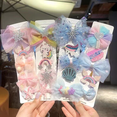 New children's bow Frozen tiara blue mesh snowflake set princess hair accessories hair clip