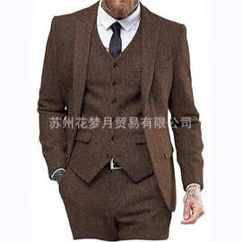 亚马逊男士人字纹结婚套装修身三件套西装婚礼男士宴会礼服跨境