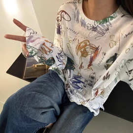 夏季新款春季新款抽象手绘长袖衬衫女韩版多彩艺术感白底撞色上衣