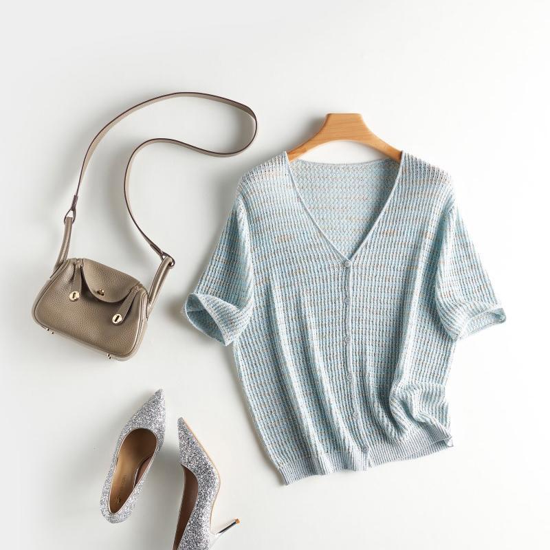 Symphony "Rain Scale Shirt" Herbalife Linen Beaded Yarn V Neck Loose Short-Sleeved Knitted Cardigan Women's Spring and Summer New Style