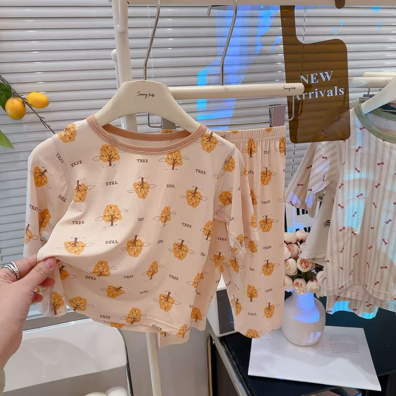 [Personalizado] Pijamas para niños, ropa de aire acondicionado ligera y transpirable para niños de verano, traje de ropa para el hogar de encaje de manga tres cuartos para niñas