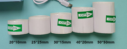 Papel de etiqueta de 5 tamaños diferentes: 40x20mm, 30x15mm, 25x25mm, 20x10mm, 50x50mm