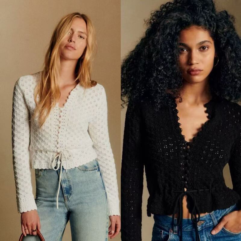 French-Style Sweater Top, Pure Cotton, Hollow Crochet Knit Cardigan, Hand-Crocheted Lace, Drawstring Tie Sweater for Women, Autumn and Winter