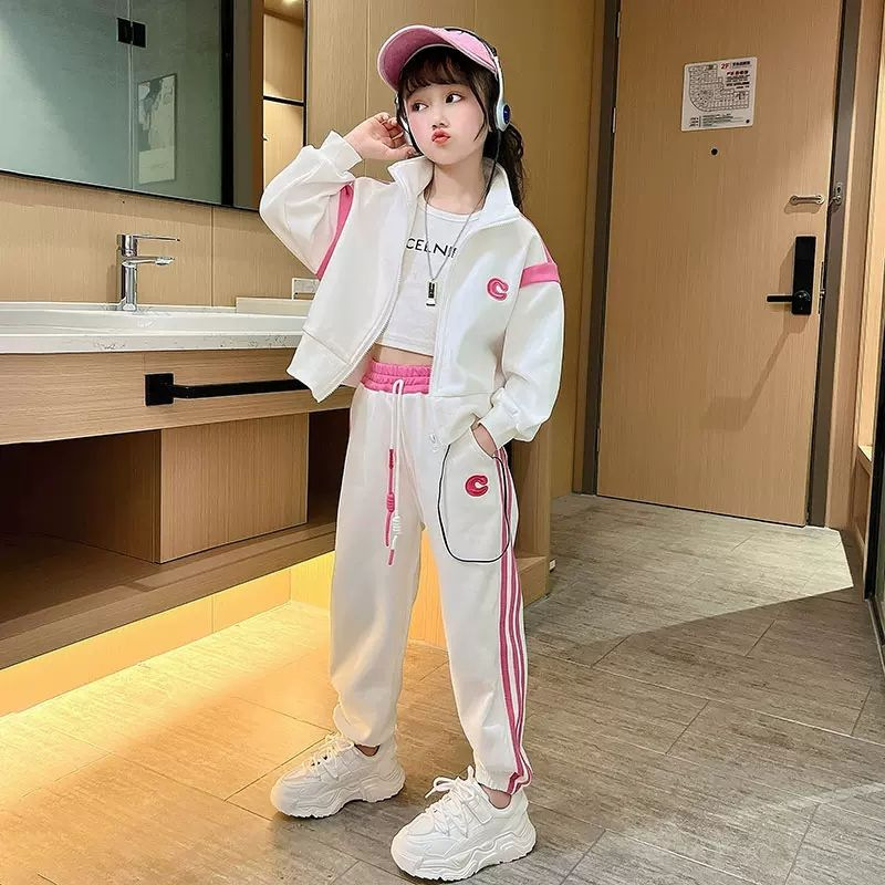 Girls' Auumn Baseball Sui Se 2023 New Mid o Big Kids Fashion Long Sleeve Coa Sraigh Tube Pans Two Piece_voghion.com