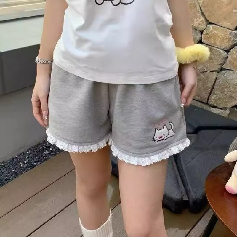 Summer Japanese-Style Cute Anime Kitten Student Pocket Loose Lace Trim Wide-Leg Knee-Length Shorts for Women