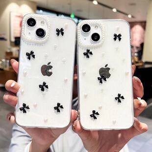 Transparent three-dimensional black white butterfly iPhone15 small pearl mobile phone protective case MATE60PRO fashion