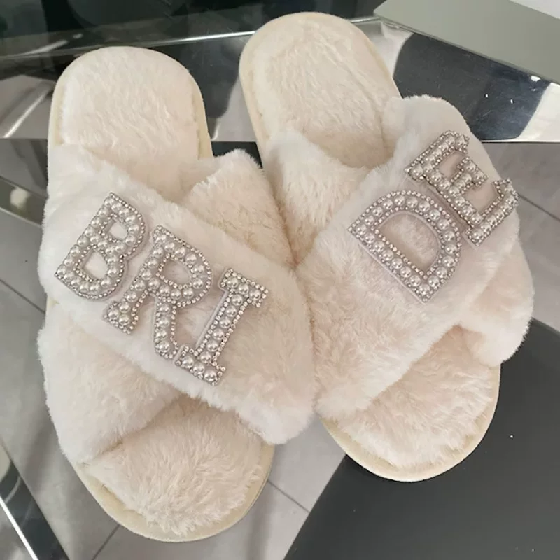 Товар для быстрой распродажи: пухлые тапочки с жемчужной буквой BRIDE, открытым носком, свадебные, подарок для невесты/вечеринки