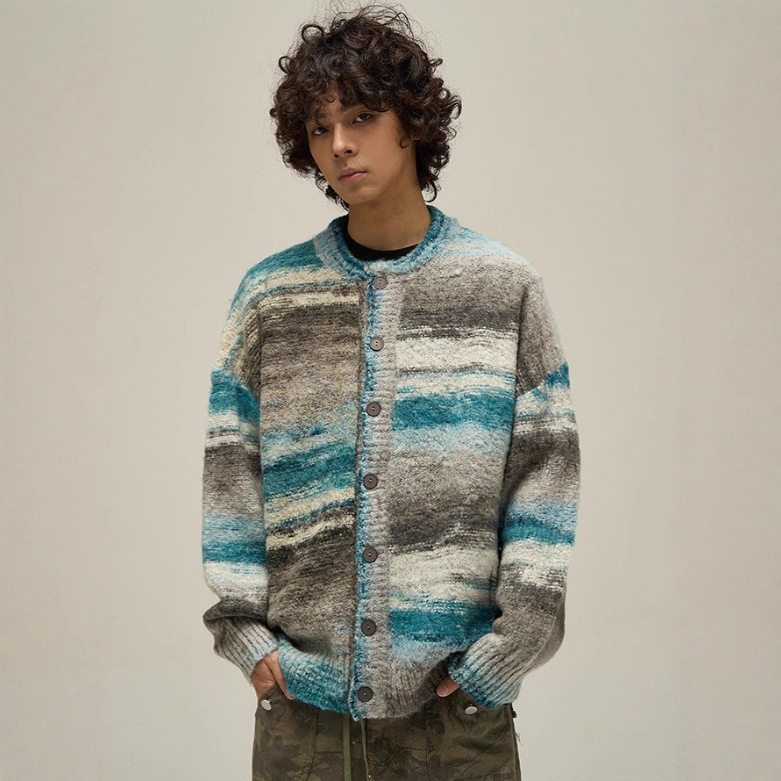 Autumn and Winter Medra National Trend Couple Knitwear Men and Women Loose Oil Painting Rainbow Color Gradient Cardigan Sweater Jacket Autumn and Winter Medra National Trend Couple Knitwear Men and Women Loose Oil Painting Rainbow Color Gradient Cardigan Sweater Jacket