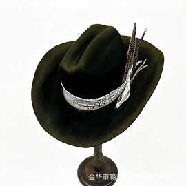 复古西部牛仔帽男女款羊毛毡大檐帽羽毛装饰礼帽遮阳帽