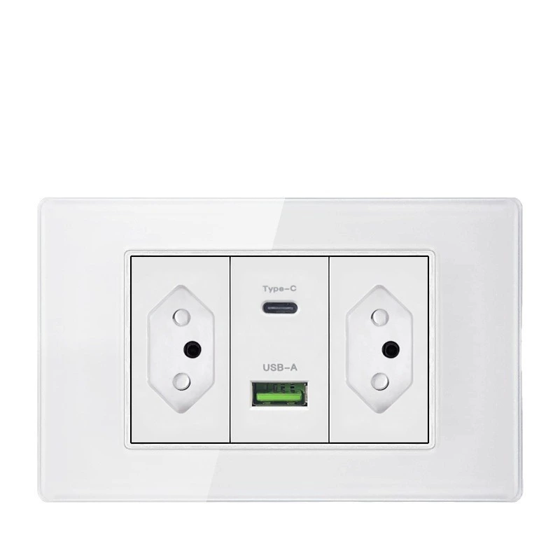Glass white 118 type Brazilian switch socket panel dual USB+type C Brazilian standard 9-hole socket concealed