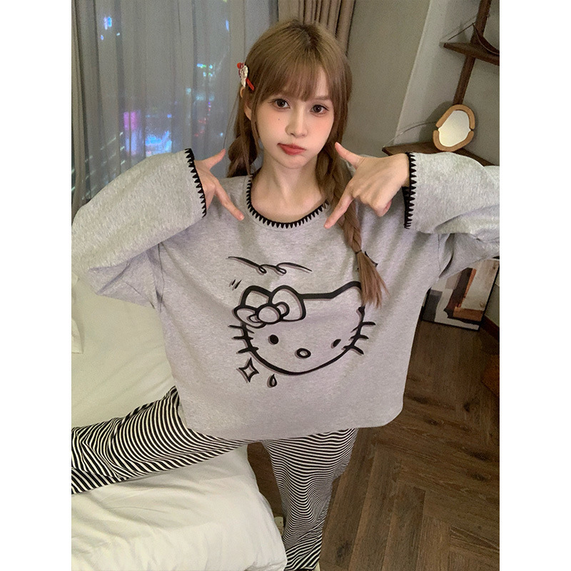Women's Round Neck Pajamas, Spring and Autumn Long Sleeve Long Pants, Cartoon Print, Student Dormitory Korean Style Striped Home Casual Two-Piece Set