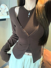 人棉复古套装修身开衫外套女秋内搭高级感纯色无袖背心两件套跨境