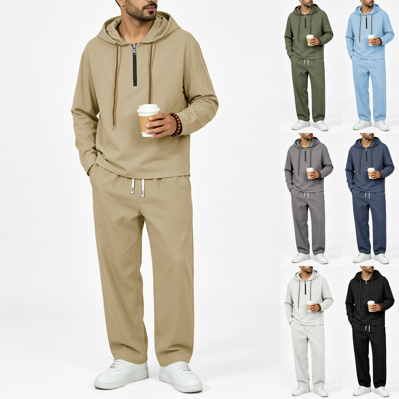 Cross-border European and American spring/autumn men's linen hooded set with half-zip long-sleeve sweatshirt and drawstring pants two-piece set