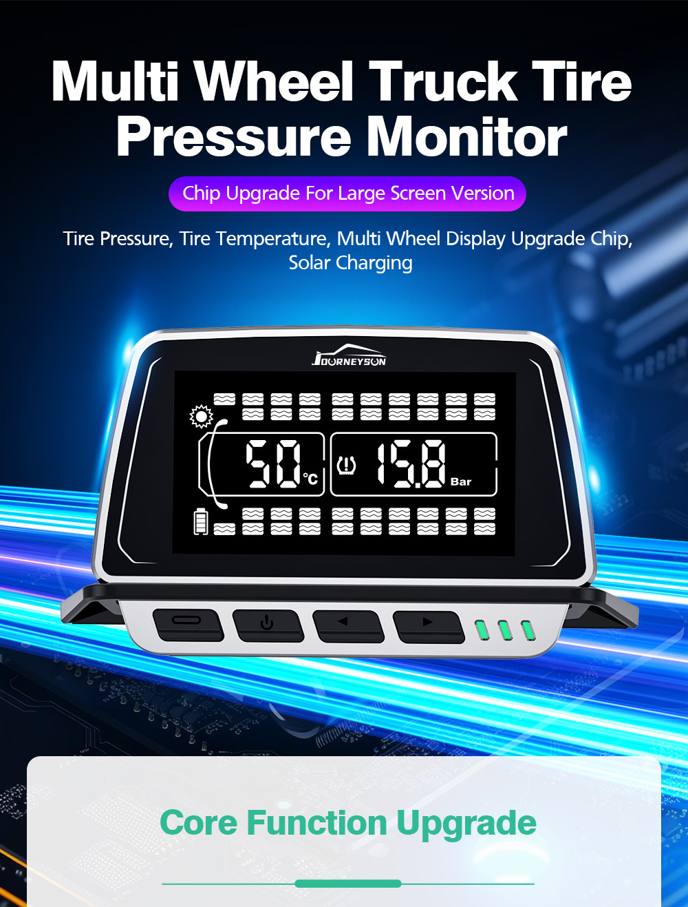 Large Truck Tire Pressure and Temperature Monitor with Large Screen Display, Multi-Wheel Simultaneous Display, Color Screen Design, Built-In and External Sensors