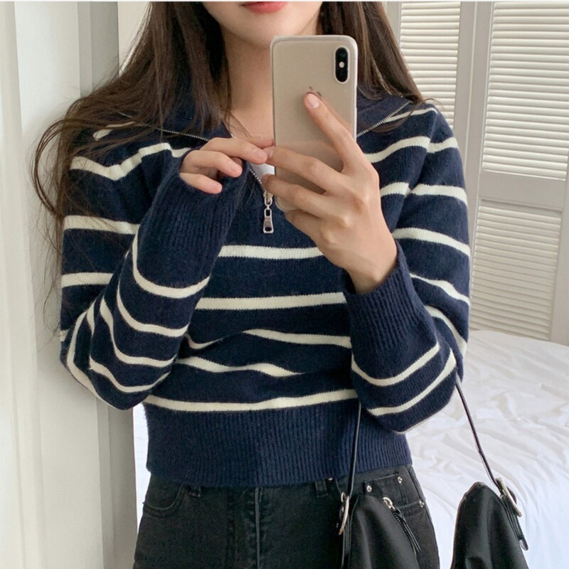 Korean autumn vintage style half-zip navy collar loose casual versatile long-sleeve striped knit sweater Korean autumn vintage style half-zip navy collar loose casual versatile long-sleeve striped knit sweater