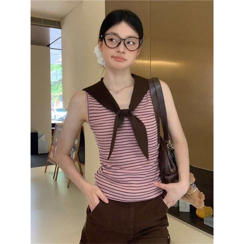 原版面料复古条纹海军领背心吊带女夏季无袖粉咖色设计感别致上衣|undefined