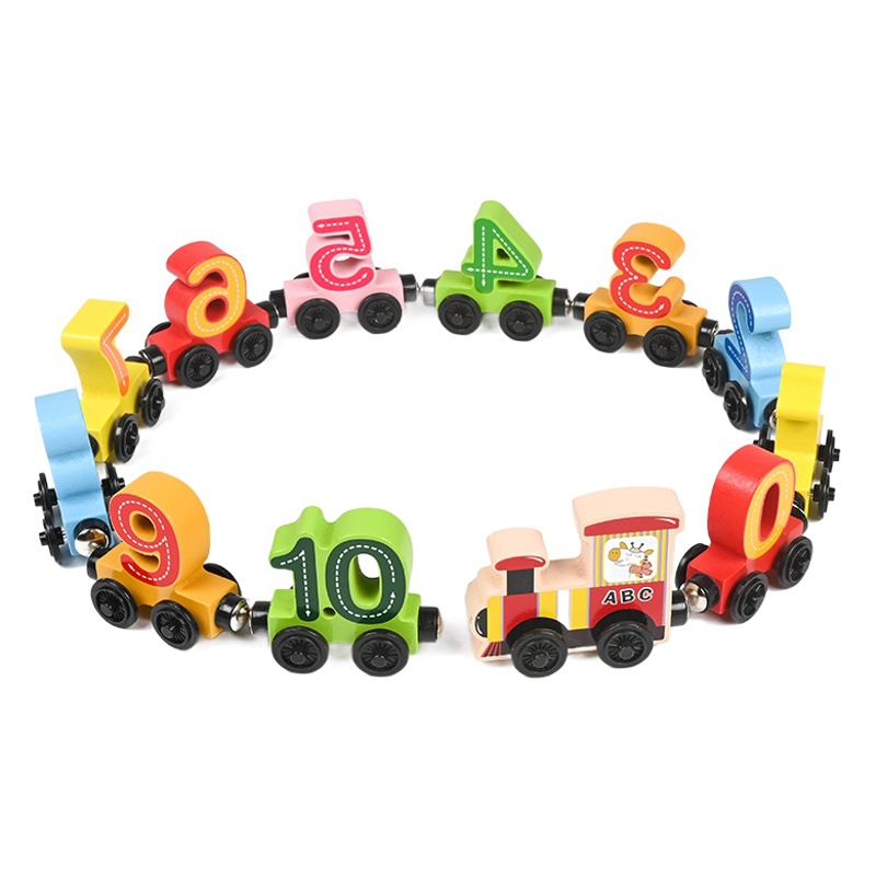 Bloques de construcción de trenes digitales magnéticos de madera montessori educación temprana para niños ensamblados juguetes de trenes educativos al por mayor