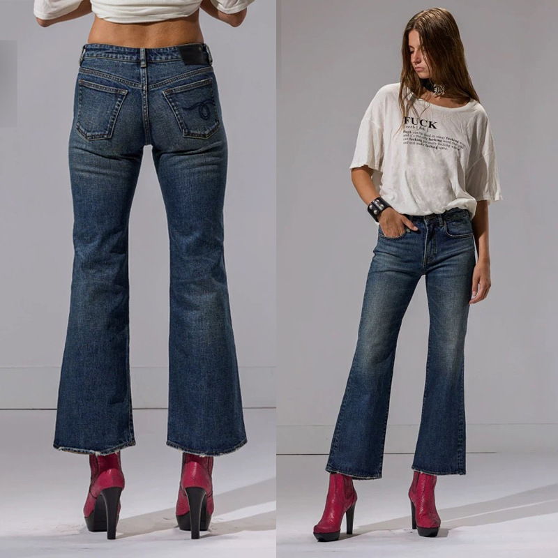 2025 New Autumn and Winter European and American R/13 Same Style Dark Blue Nostalgic Mid-Low Waist Micro-Elastic Nine-Point Flared Jeans for Women
