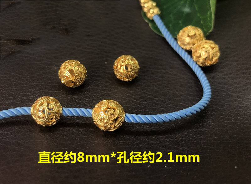 S925 sterling silver gold-plated cloud pattern leaf 8mm round bead woven bracelet necklace spacer bead DIY bracelet ancient gold accessories
