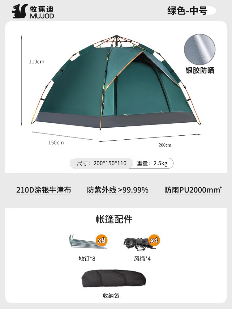 단층 다크 그린 색상 2인용 중간 사이즈 텐트