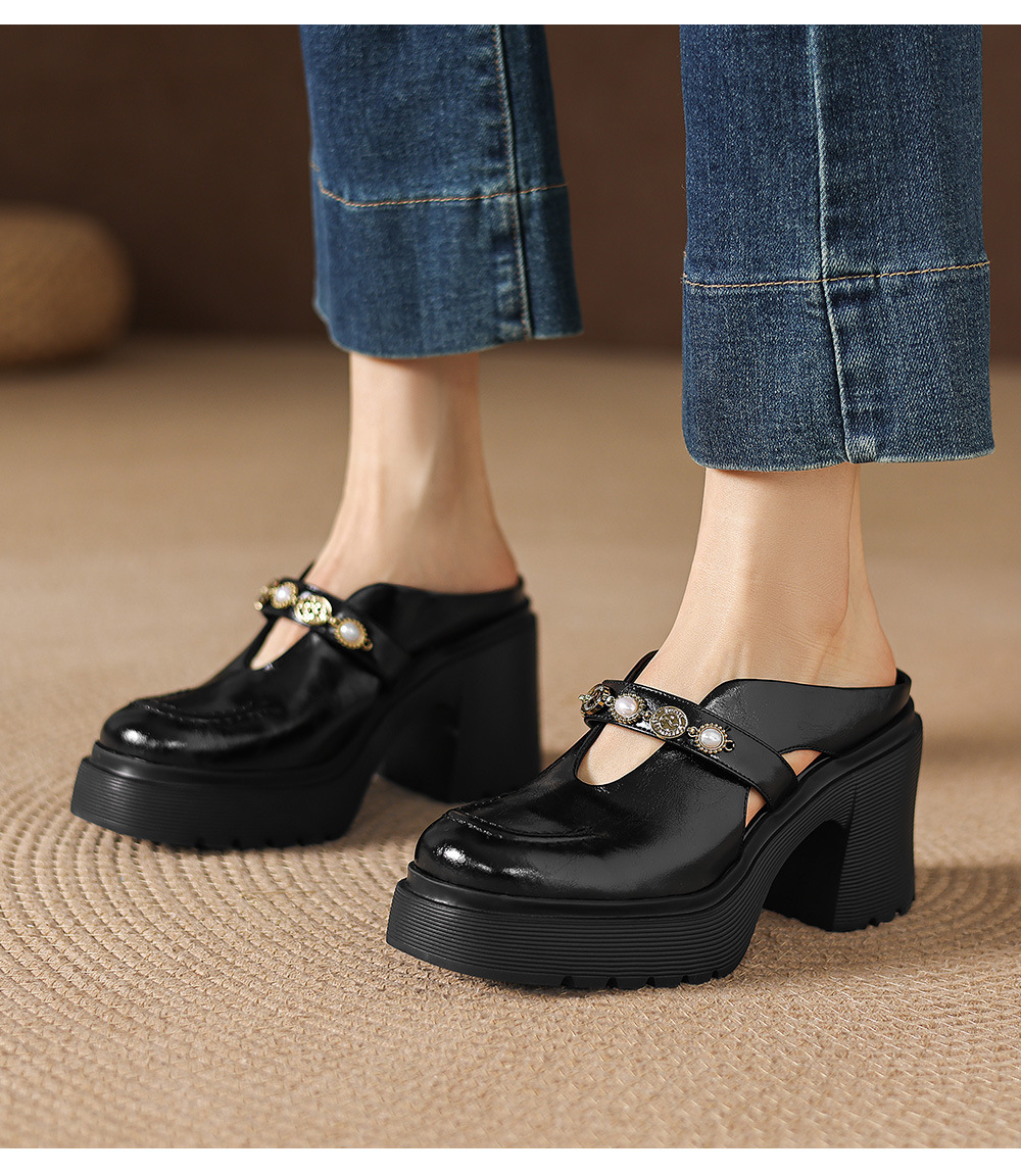 Mule nữ da bò bít mũi đế dày gót cao 9 cm khóa kim loại — màu đen, màu trắng ngà chi tiết 11
