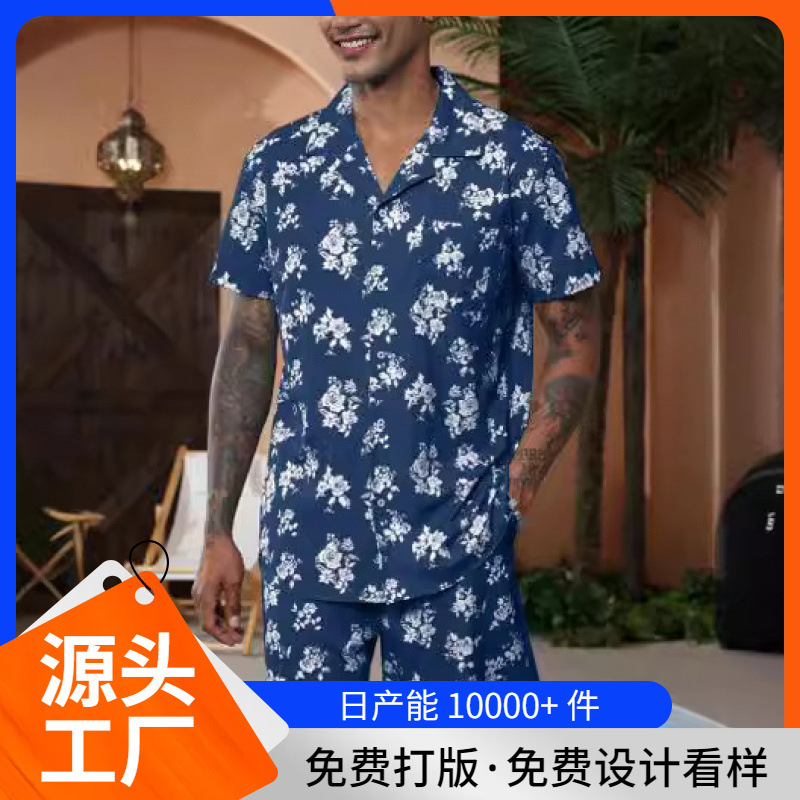 2025 국경 새 남성 셔츠 캐주얼 세트 3D 디지털 인쇄 해변 반팔 반바지 공장 아울렛