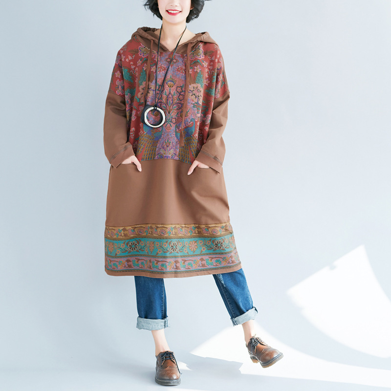 Vestido estilo étnico nuevo de 2025, largo medio, con estampado único de gran tamaño, estilo casual, sudadera con capucha image 9