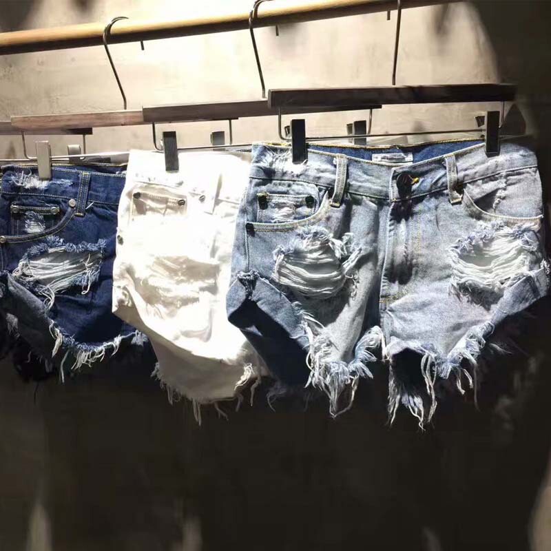 Internet Celebrity Blogger's Trendy Low-Waisted Denim Shorts for Women, Slim Fit, Wide-Leg, Frayed Hem, Ripped Hot Girl Shorts