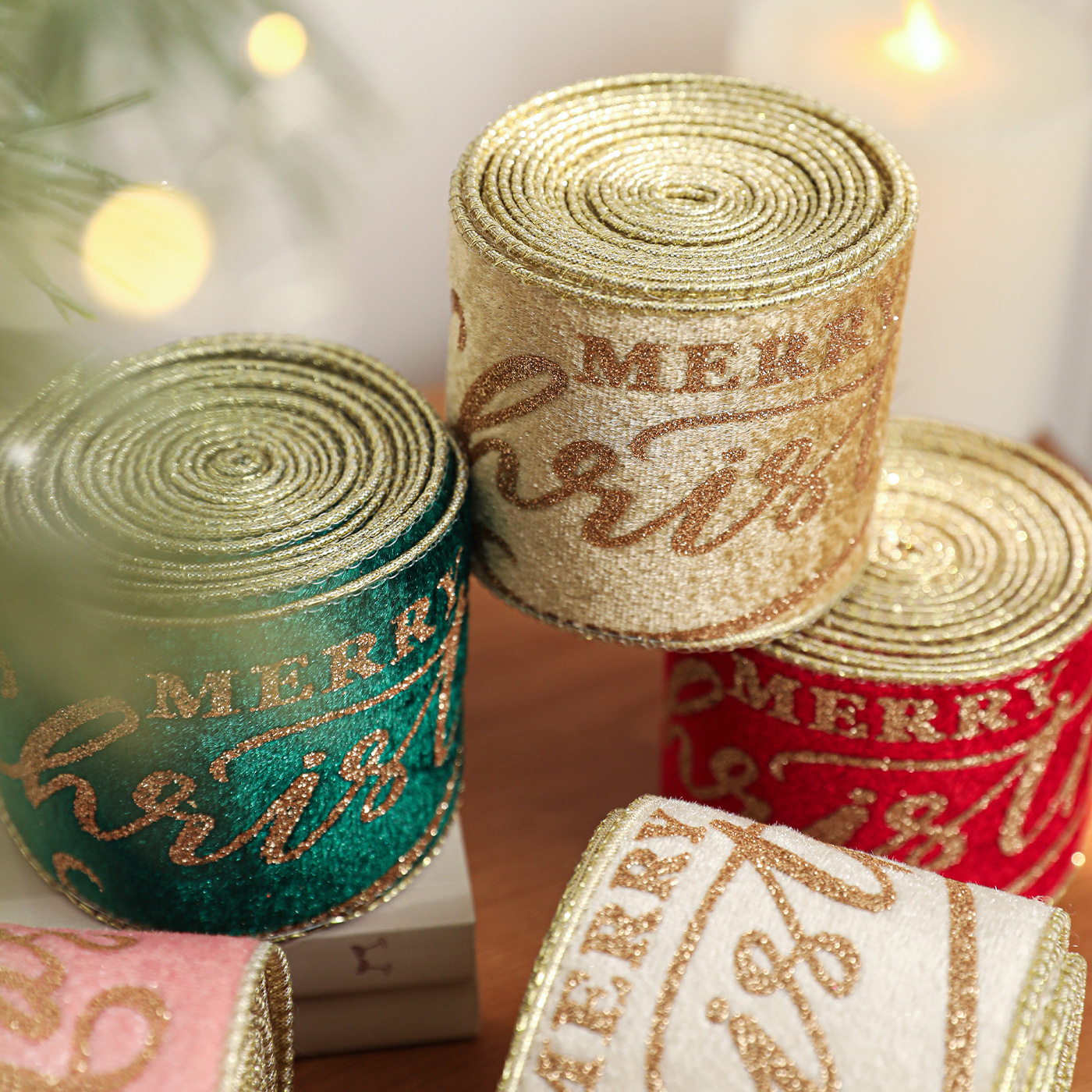 Tintas de Navidad coloridas flocado polvo de oro polvo adhesivo Inglés decoración de la cinta de Navidad arco impresa cinta de flores