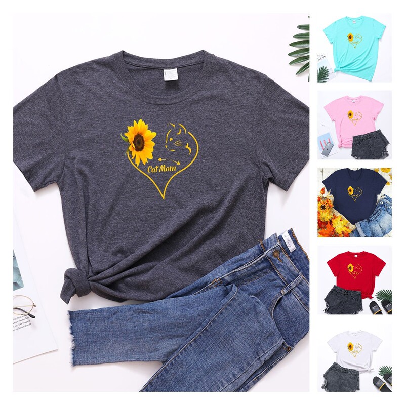 Europe and the United States foreign trade Leisure cat mom sunflower cat mother creative love printing round neck short sleeve t-shirt women's clothing