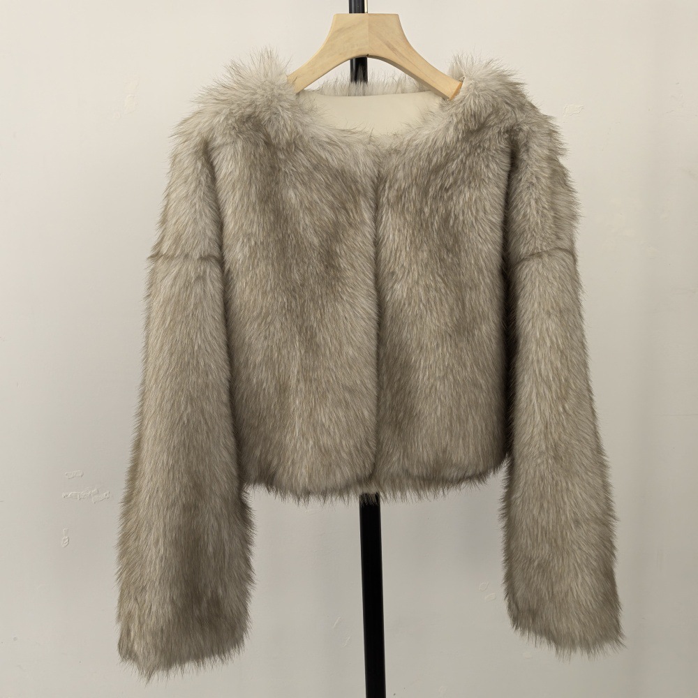 Women's Clothing Eco-Friendly Faux Fur Coat Winter Short Jacket Soft Plush Round Neck Fashion Outerwear Custom Colors (White/Cream, Grey/Cream, Brown)_voghion.com