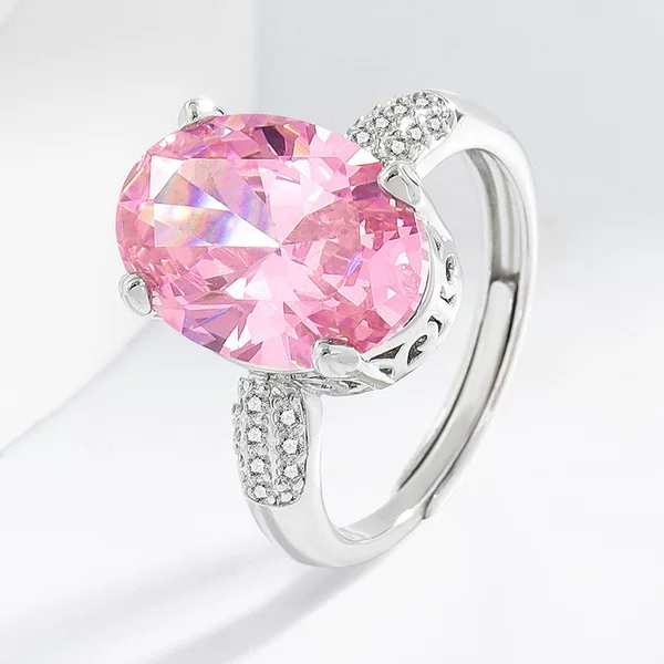 Tiktok Live Ice Flower Cut Pink High Carbon Diamond Ring for Women Radiant Cut Pink Diamond Ring European and American Cross-Border Ring Wholesale