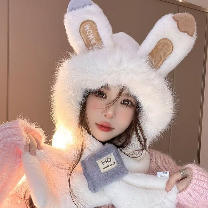 Añadir vello grueso lindos sombrero bufandas de oso en un conjunto de dos piezas para mujeres otoño y invierno nuevo buñuelo de peluche cálido con sombrero